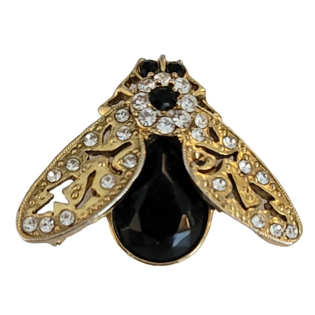 1928 Brand Gold Tone Black Clear Glass Rhinestone Bug Brooch Pin, K345